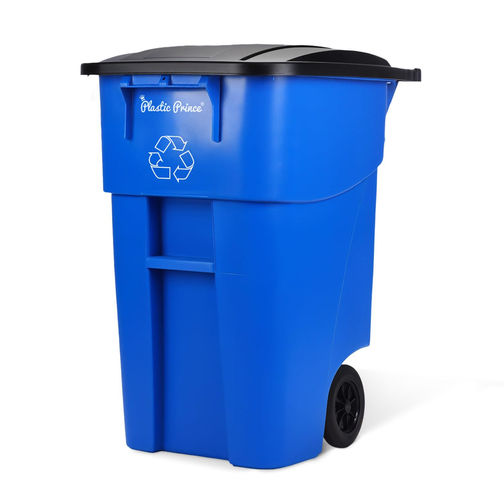 50 Gallon Blue Plastic Trash Can with Lid and Wheels F3820