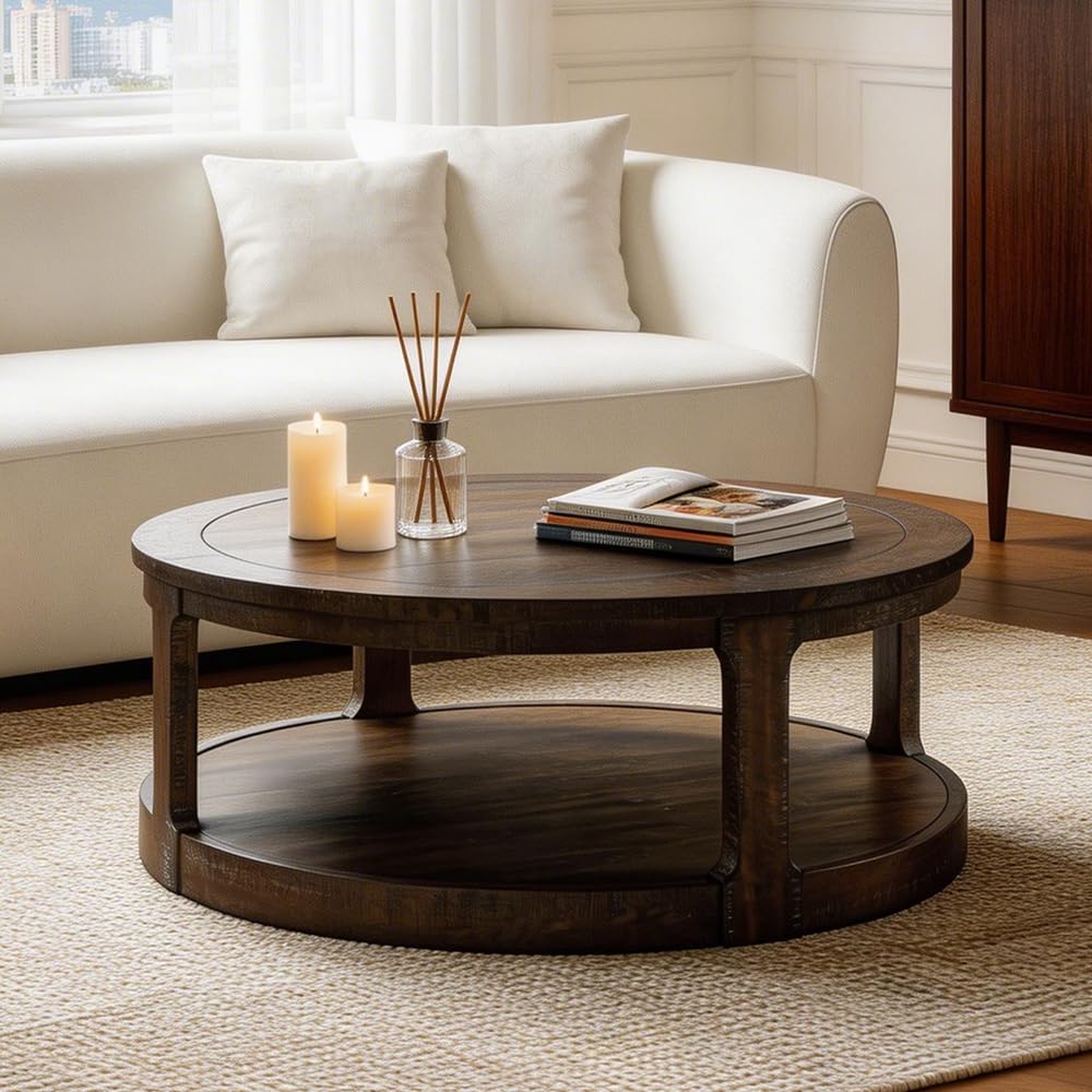 40" Round 2 Tier Solid Wood Coffee Table with Wheels H18841