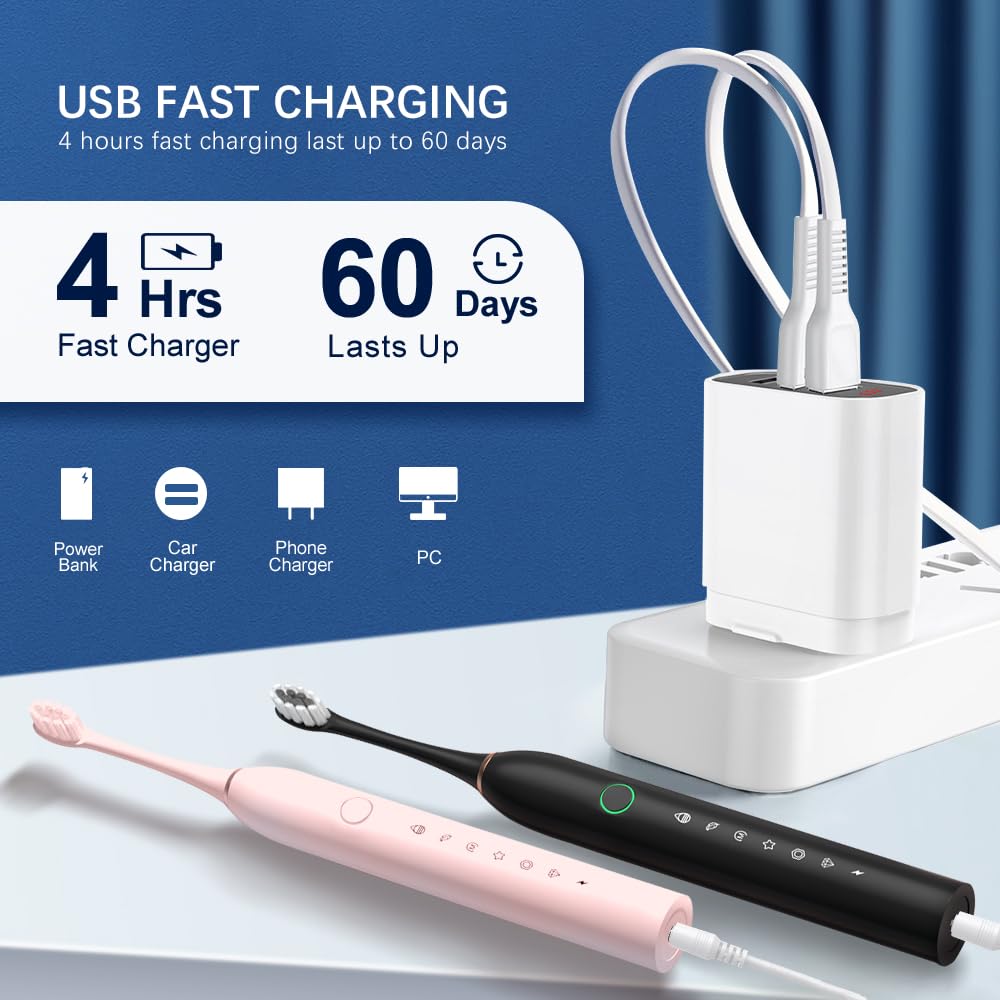 2 Pack Rechargeable Electric Toothbrushes with 8 Brush Heads V260