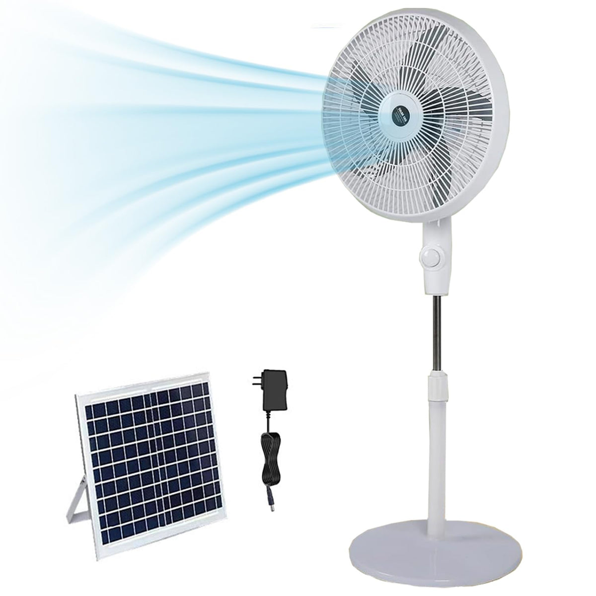 16" Oscillating Solar Floor Fan, Height Adjustable, 10000mah Battery, 3 Speeds, White O293405