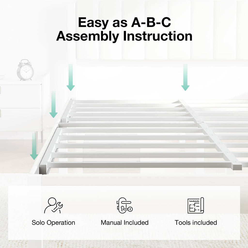 Full Size Metal Platform Bed Frame with Velvet White Headboard T3201