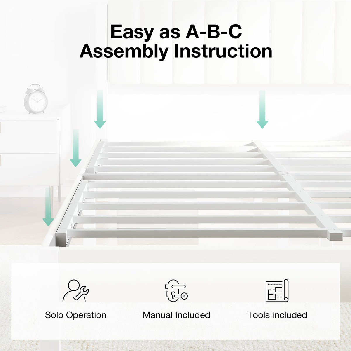 Full Size Metal Platform Bed Frame with Velvet White Headboard T3201