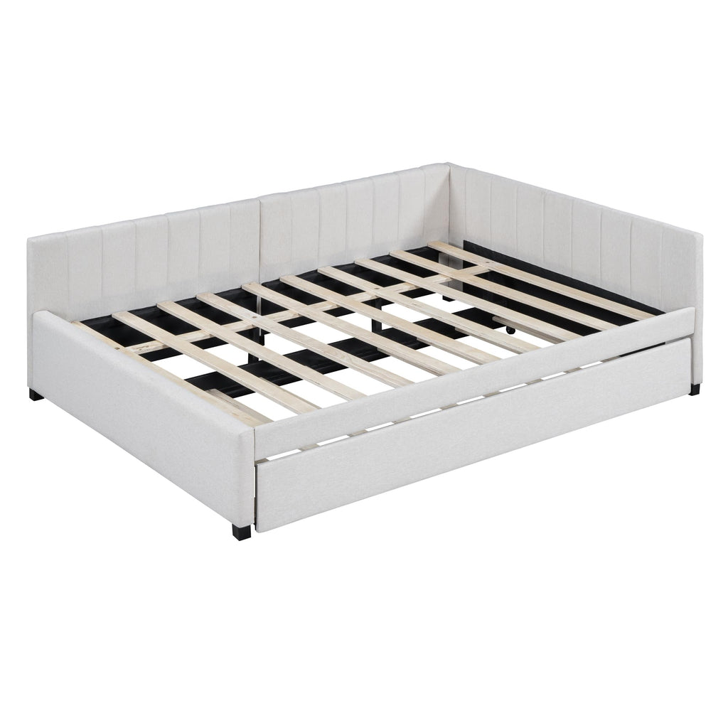 Beige Linen Upholstered Full Daybed with Twin Trundle B693