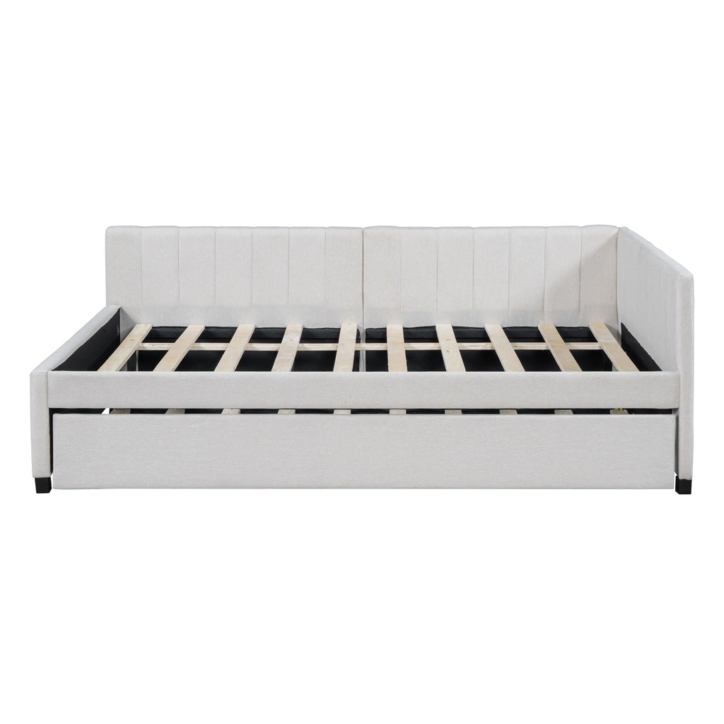 Beige Linen Upholstered Full Daybed with Twin Trundle B693