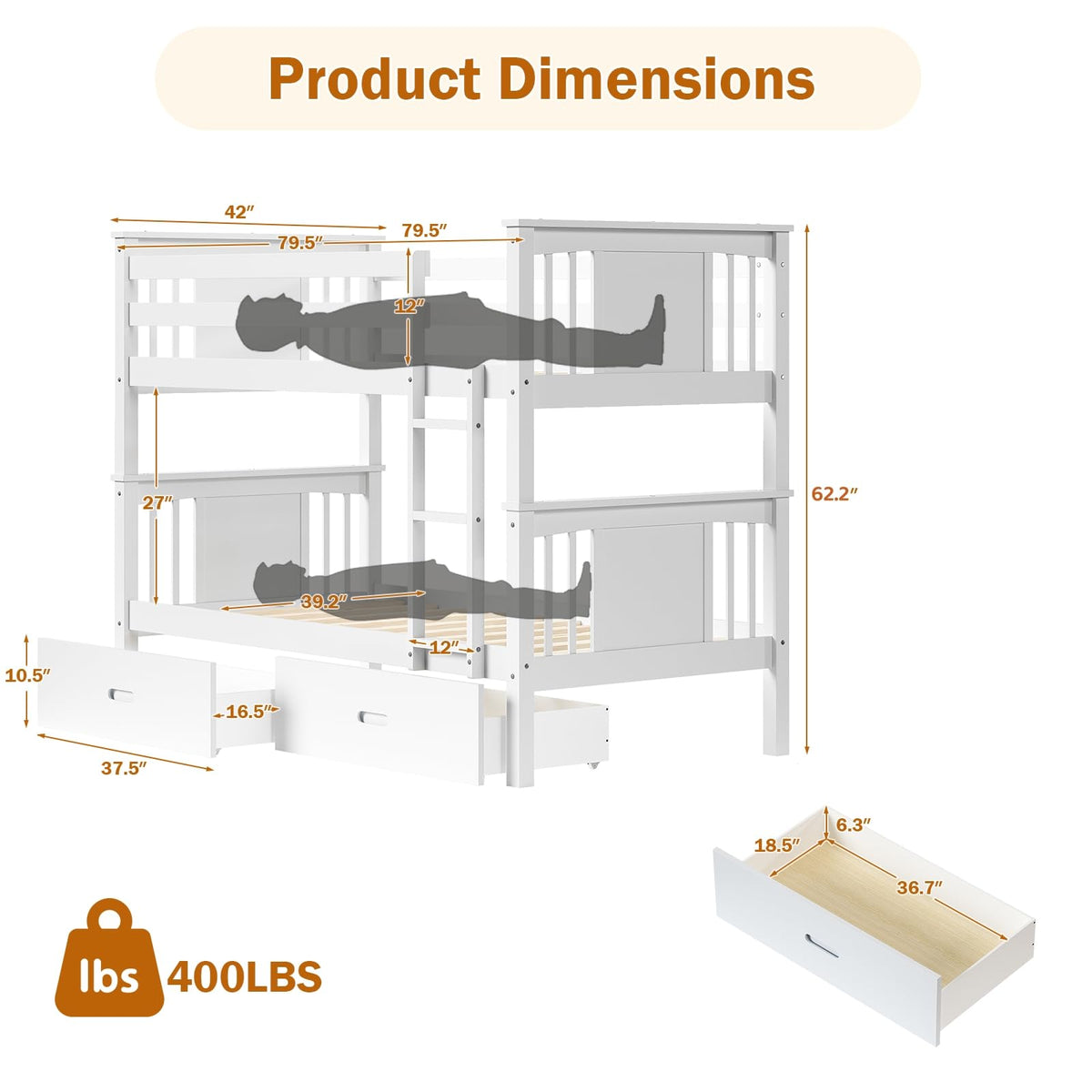 Solid Wood Twin-Over-Twin Bunk Bed with 2 Storage Drawers U39331