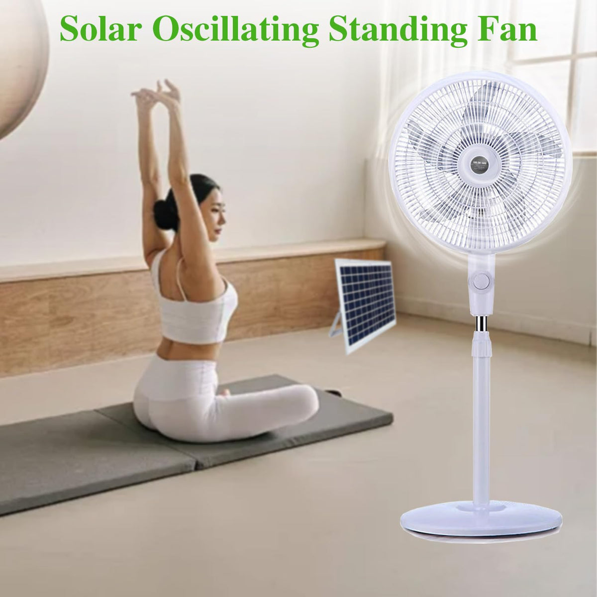 16" Oscillating Solar Floor Fan, Height Adjustable, 10000mah Battery, 3 Speeds, White O293405