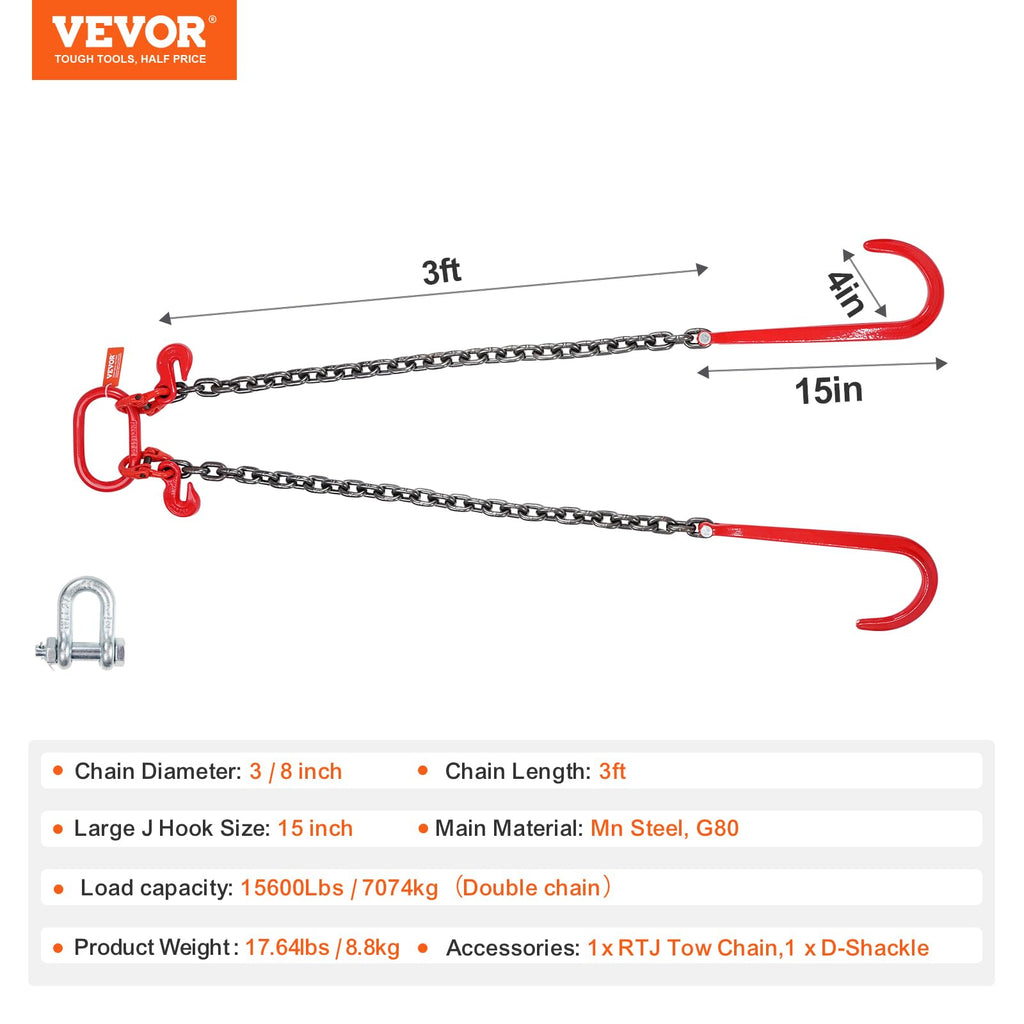 3/8" x 3' G80 V Bridle Towing Chain with J Hooks and Grab Hooks G34960