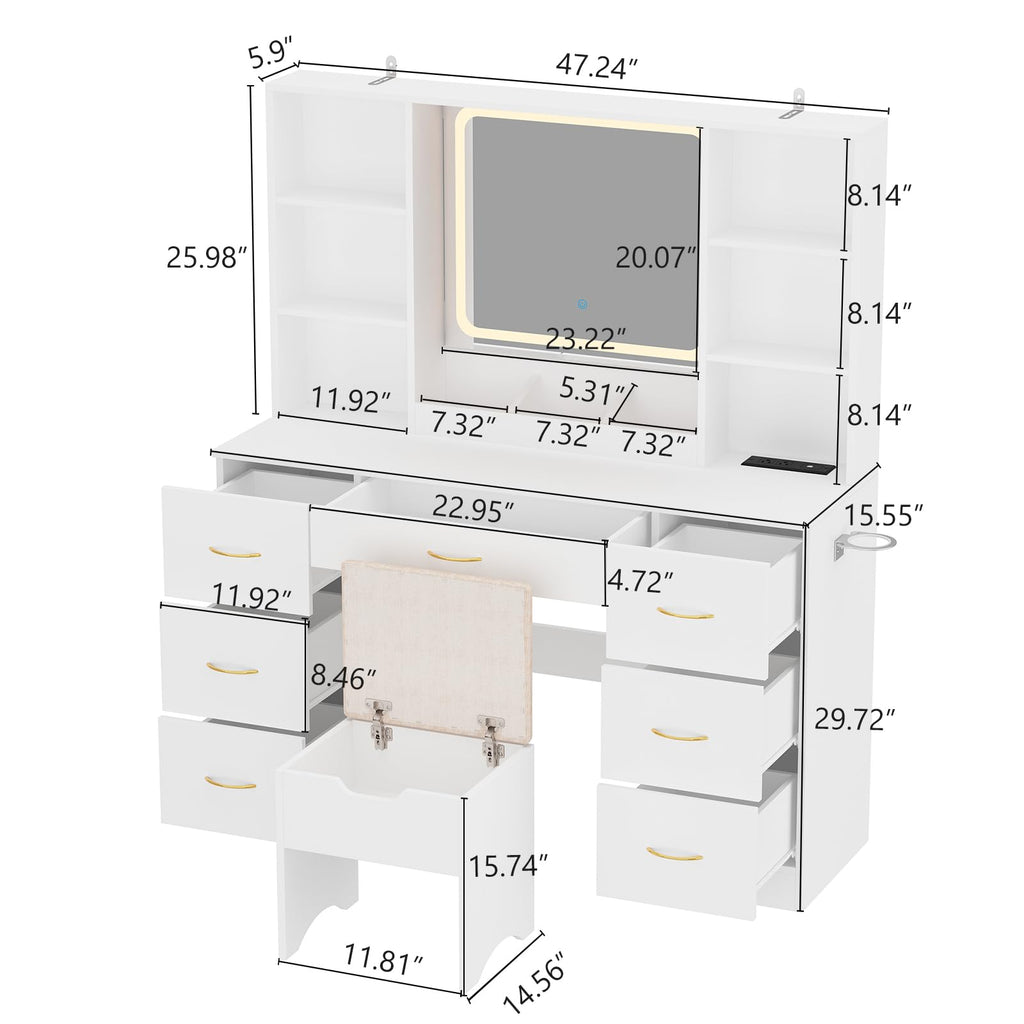 47" White Vanity Desk with Mirror and Lights Q5886