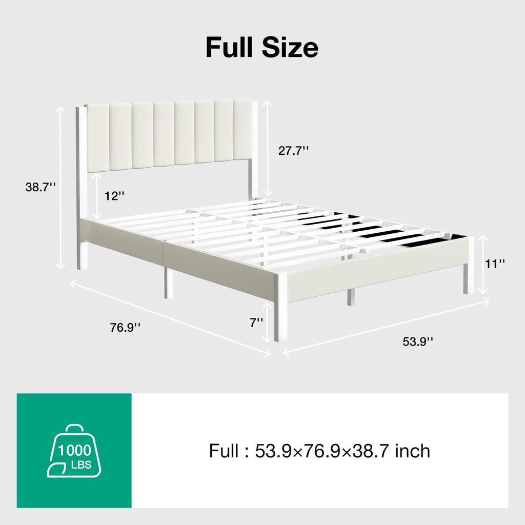 Full Size Metal Platform Bed Frame with Velvet White Headboard T3201