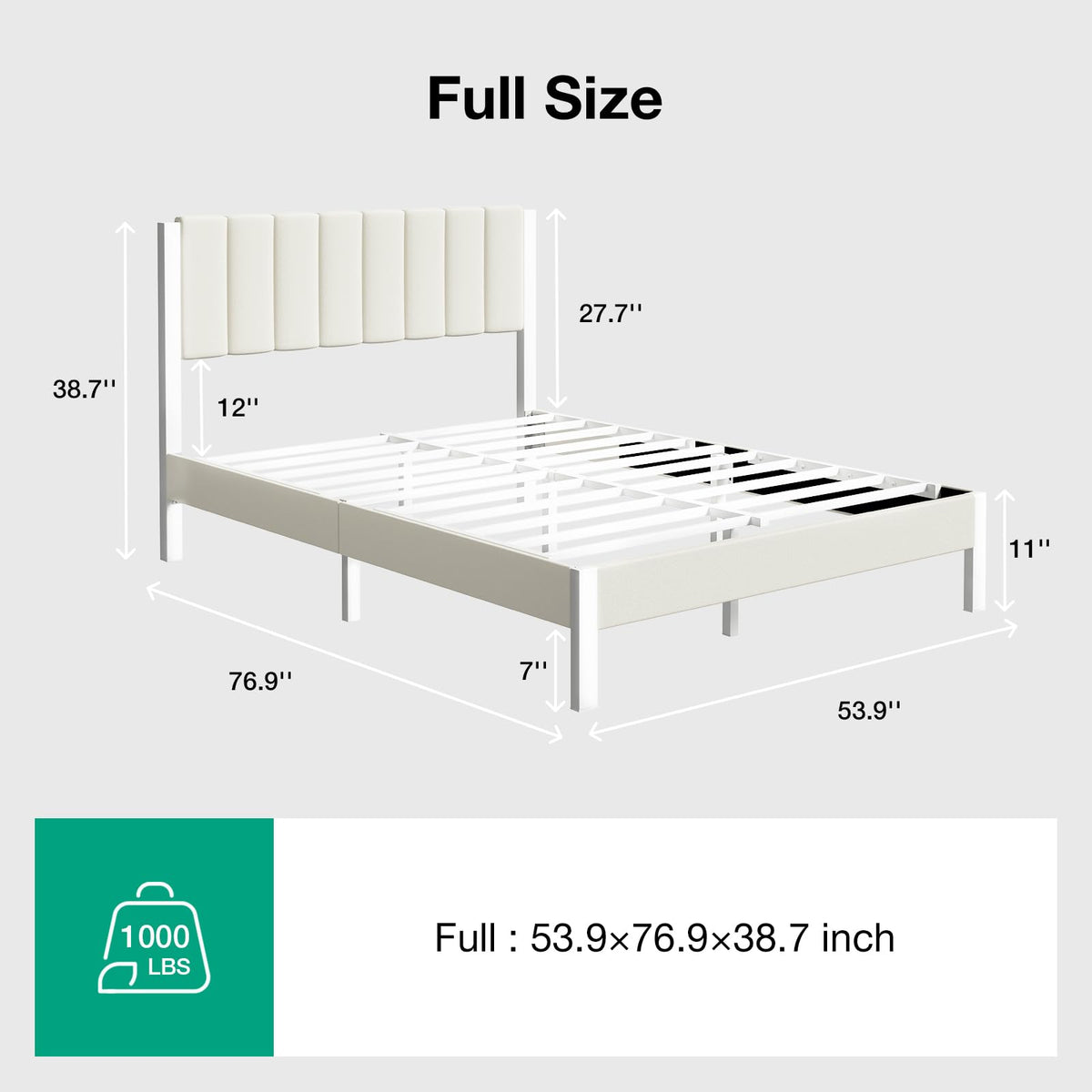 Full Size Metal Platform Bed Frame with Velvet White Headboard T3201