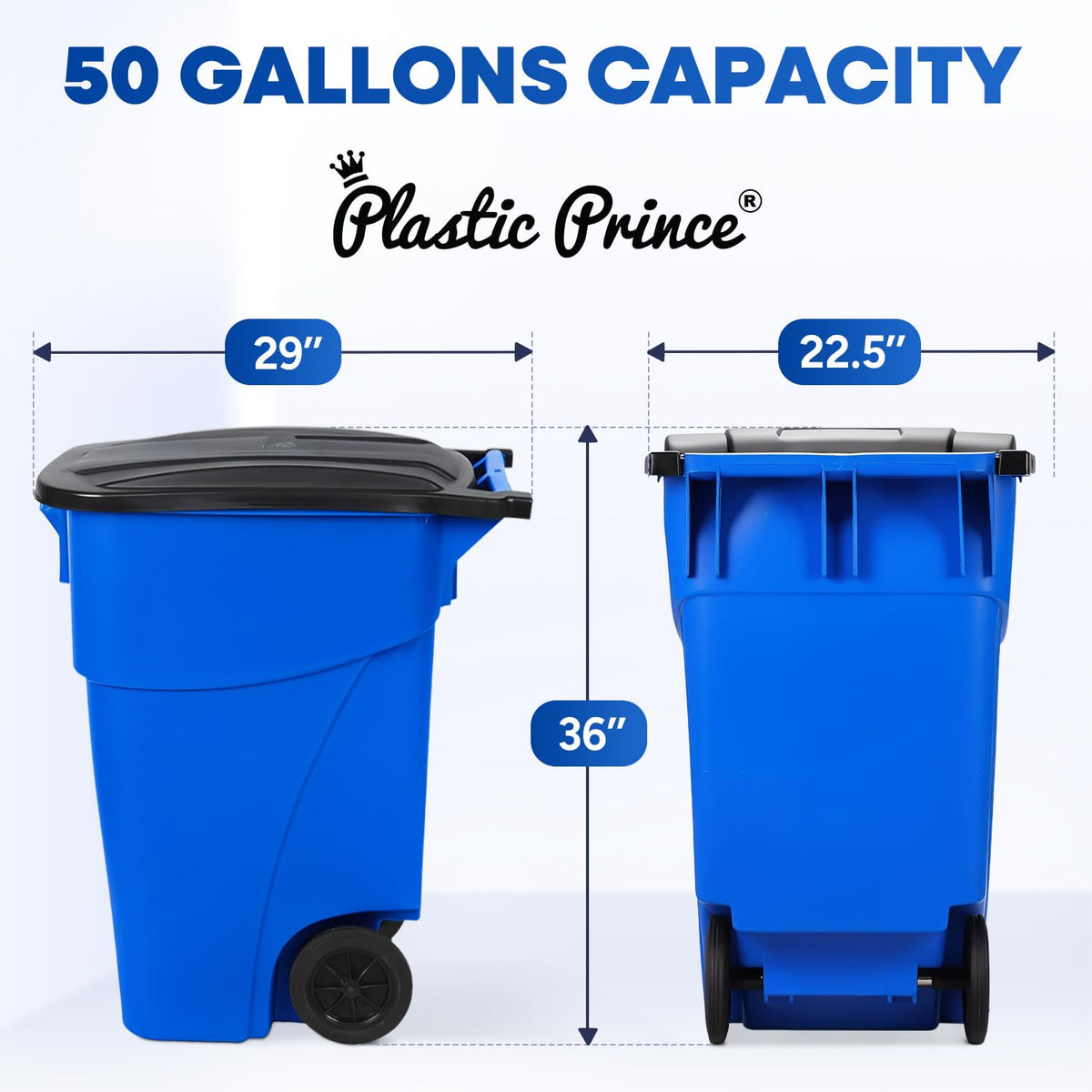 50 Gallon Blue Plastic Trash Can with Lid and Wheels F3820