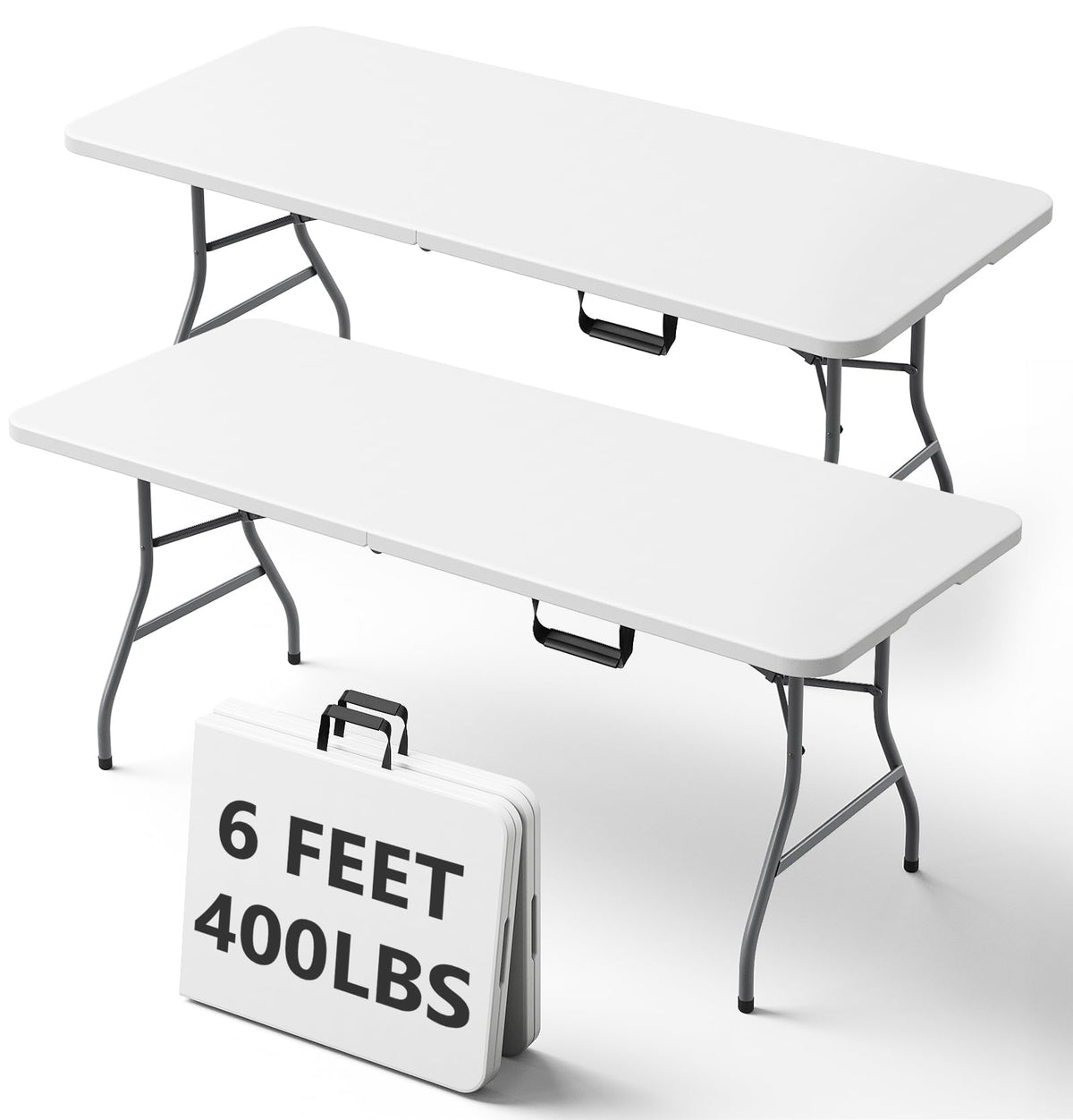 6FT Folding Table, Heavy Duty Plastic Utility Table with Handle, White, 2 Pack D16089
