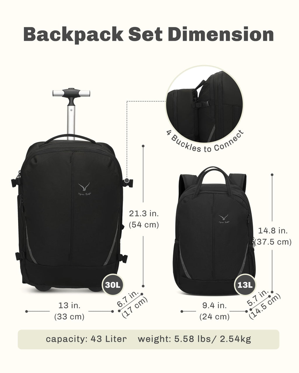 Rolling Backpack with Wheels 43L Jet Black I541