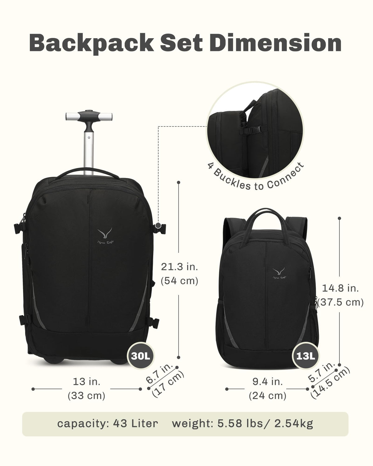 Rolling Backpack with Wheels 43L Jet Black I541
