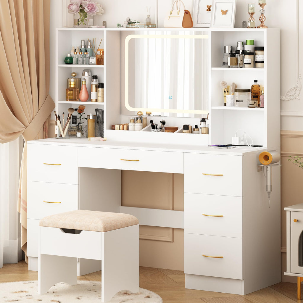47" White Vanity Desk with Mirror and Lights Q5886