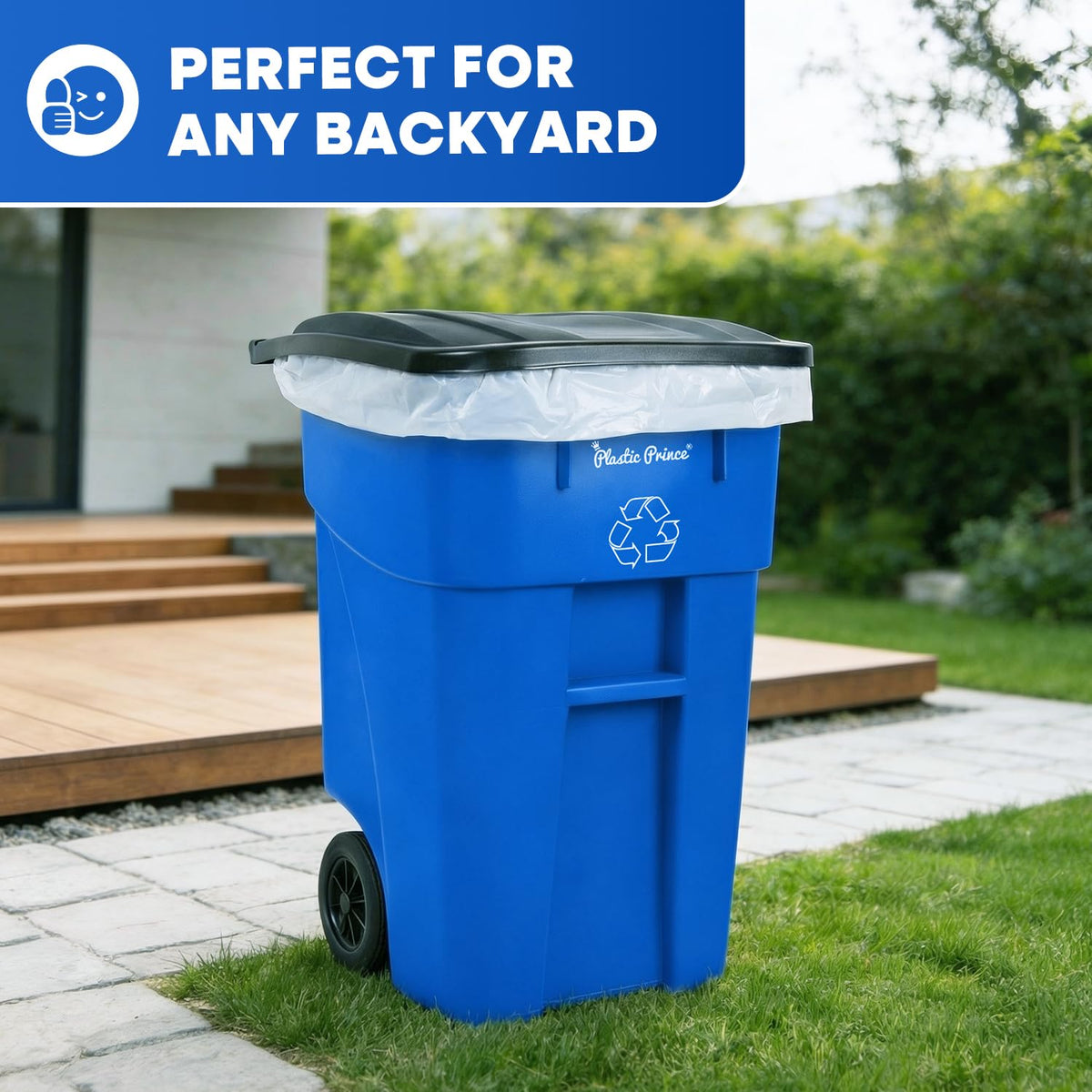 50 Gallon Blue Plastic Trash Can with Lid and Wheels F3820