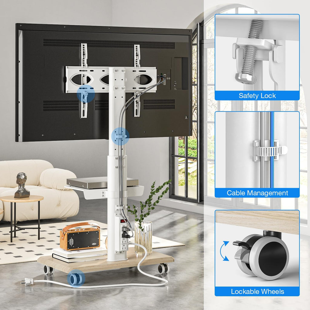 White Height Adjustable Rolling TV Stand for 32-75 Inch TVs Y259048