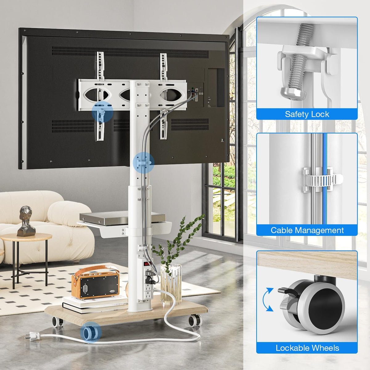 White Height Adjustable Rolling TV Stand for 32-75 Inch TVs Y259048