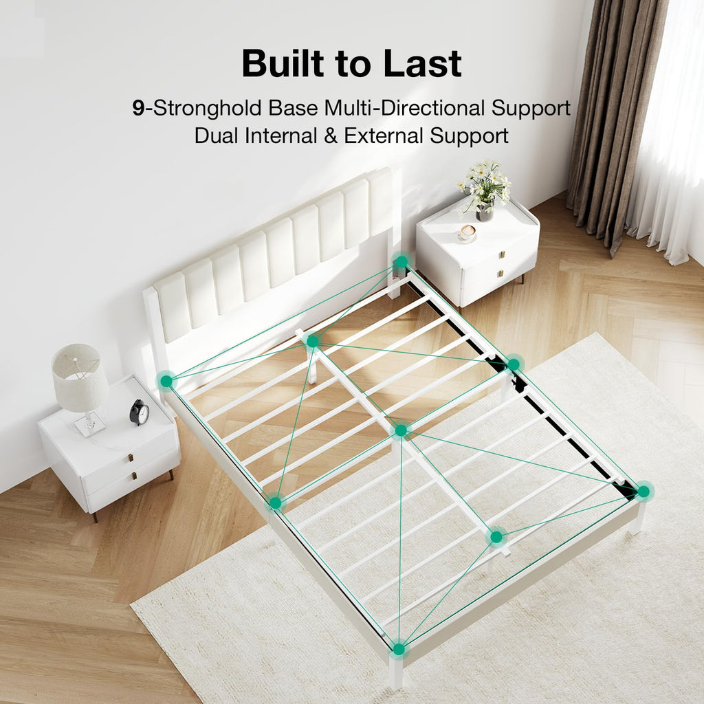 Full Size Metal Platform Bed Frame with Velvet White Headboard T3201