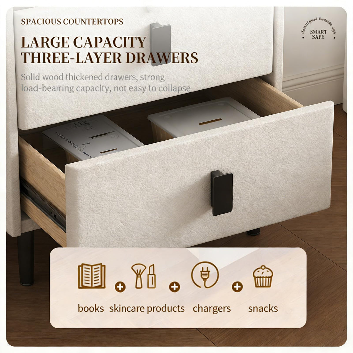 Smart Nightstand with Bluetooth Speaker, 3 Drawer LED Nightstand with USB Port I37484