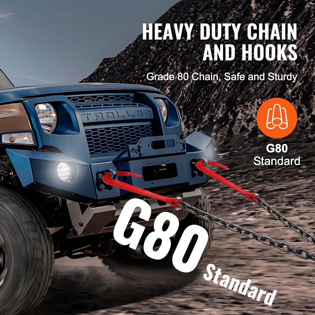 3/8" x 3' G80 V Bridle Towing Chain with J Hooks and Grab Hooks G34960