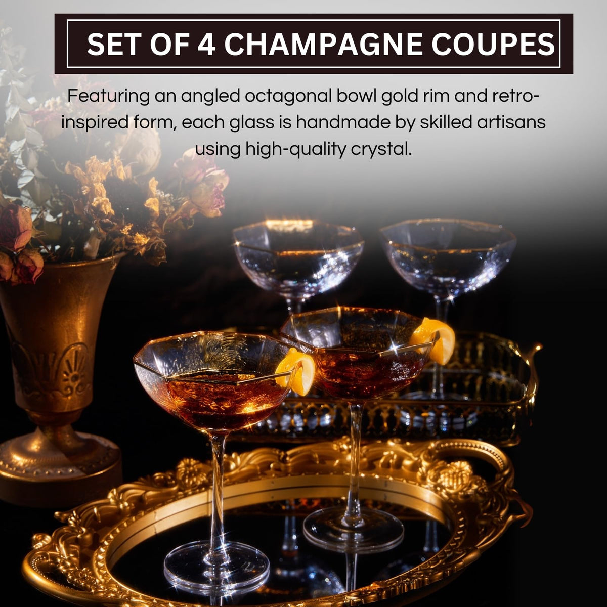 Champagne Coupe Glasses Set of 4 Gold Rim V17337
