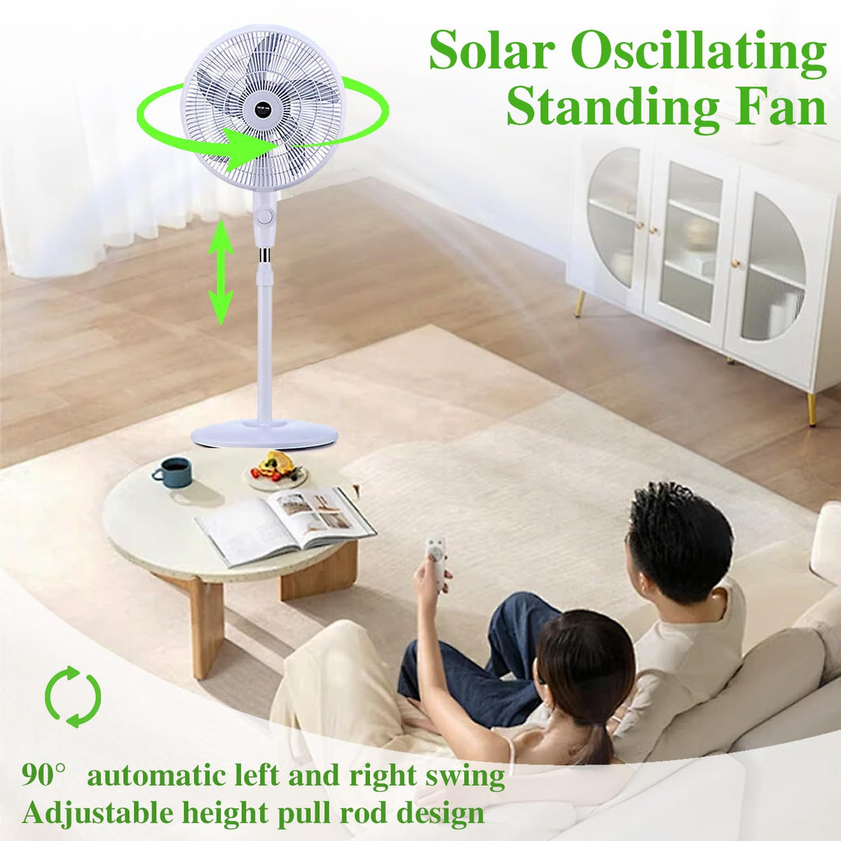 16" Oscillating Solar Floor Fan, Height Adjustable, 10000mah Battery, 3 Speeds, White O293405