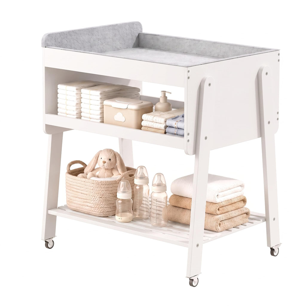 White Baby Changing Table with Wheels and Changing Pad Y493