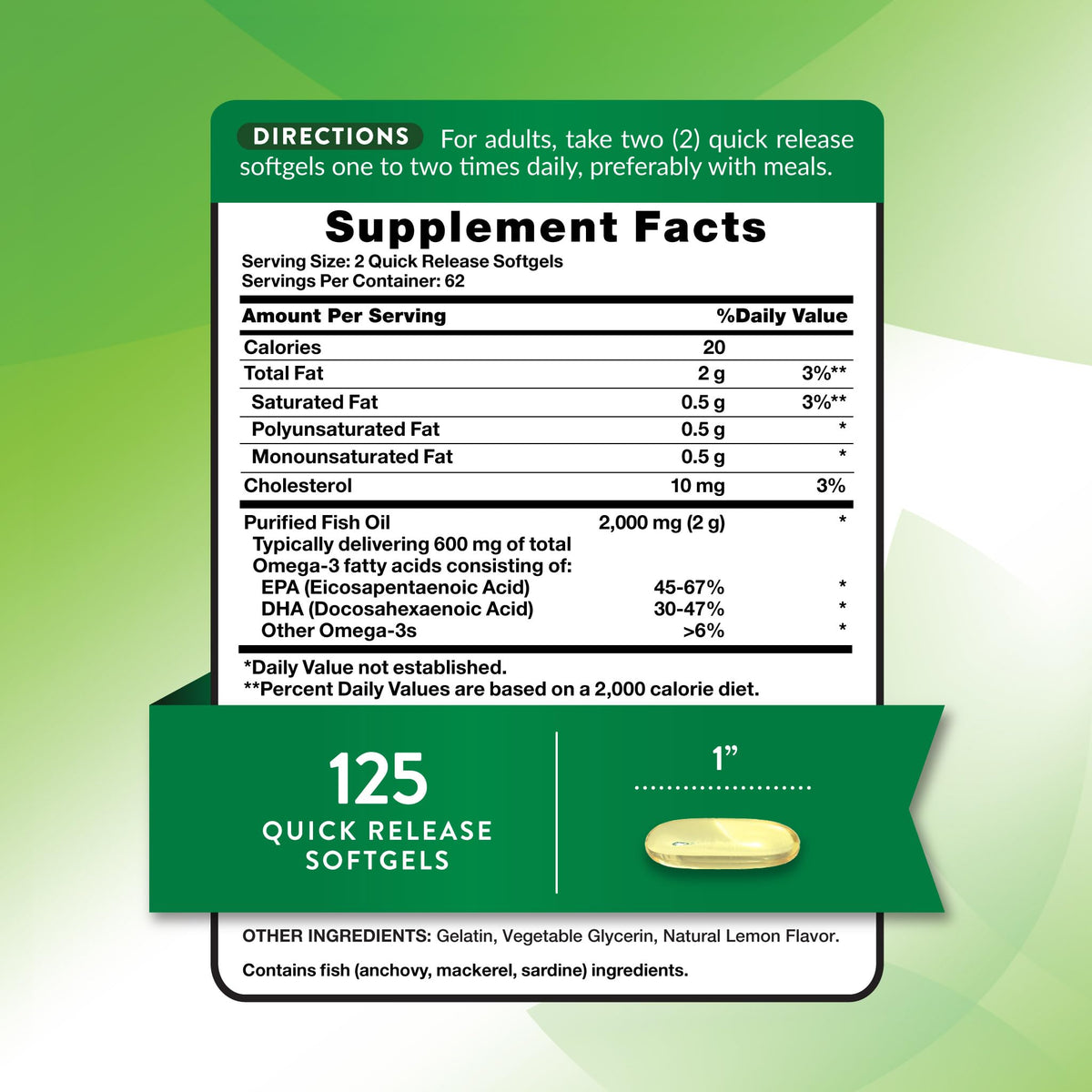 Omega 3 Fish Oil 2000 mg 125 Softgels R8680