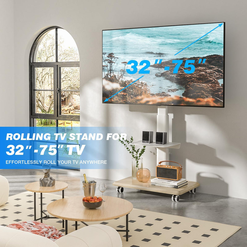 White Height Adjustable Rolling TV Stand for 32-75 Inch TVs Y259048