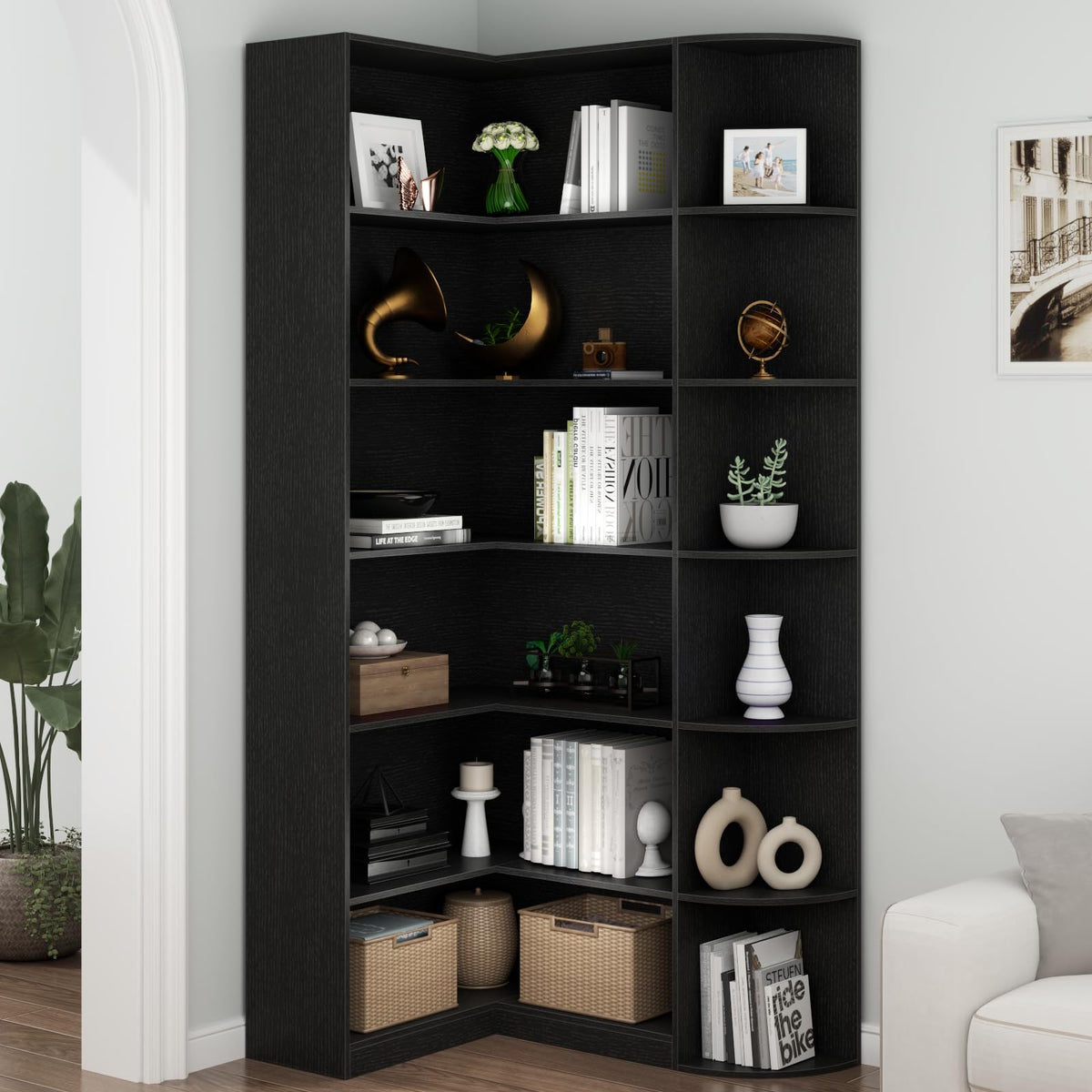 Black 6 Tiers L-Shaped Book Shelf P965