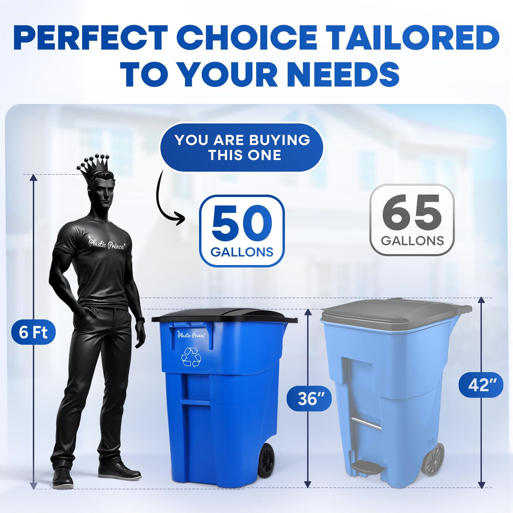 50 Gallon Blue Plastic Trash Can with Lid and Wheels F3820