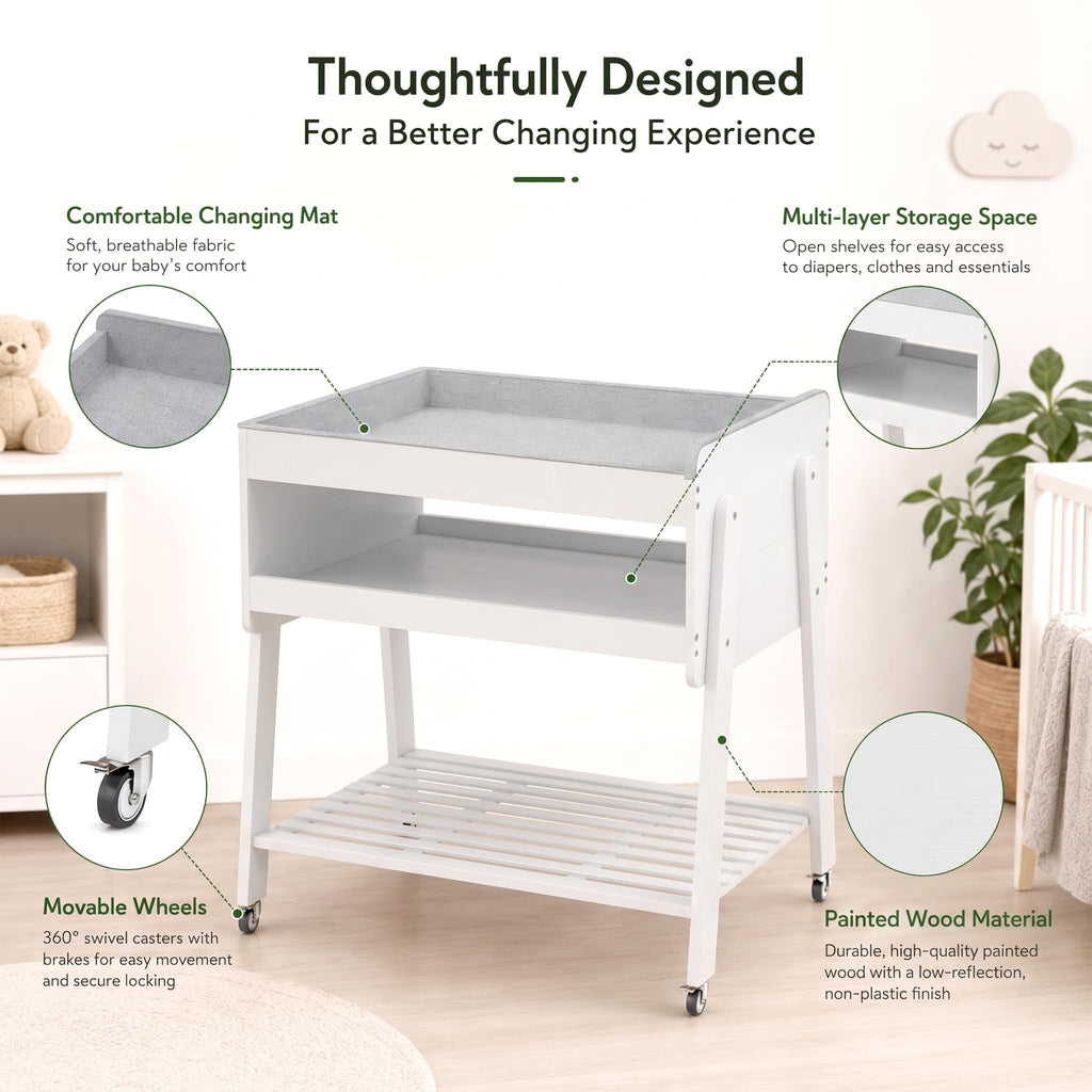White Baby Changing Table with Wheels and Changing Pad Y493