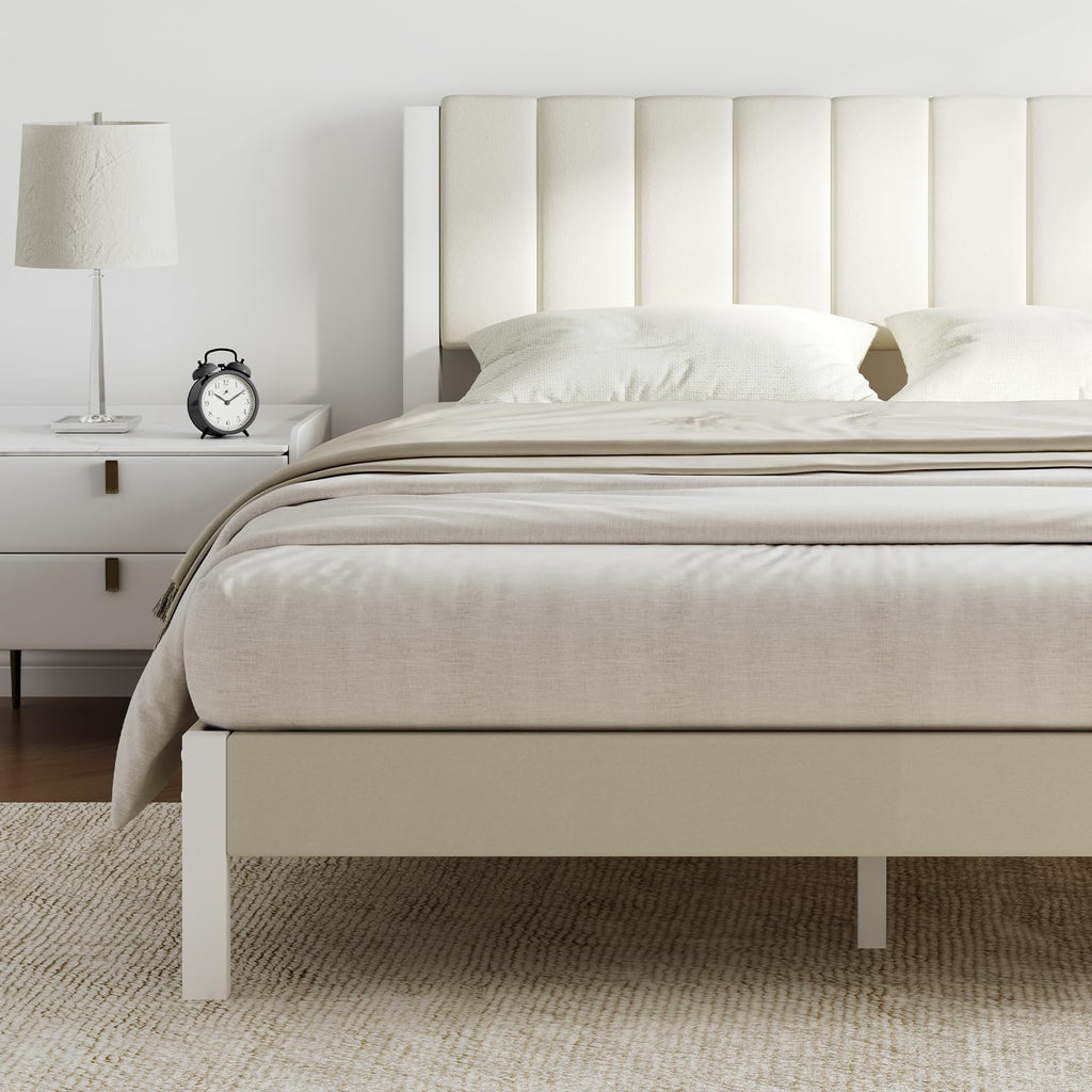 Full Size Metal Platform Bed Frame with Velvet White Headboard T3201