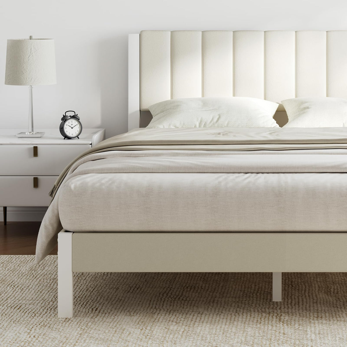 Full Size Metal Platform Bed Frame with Velvet White Headboard T3201