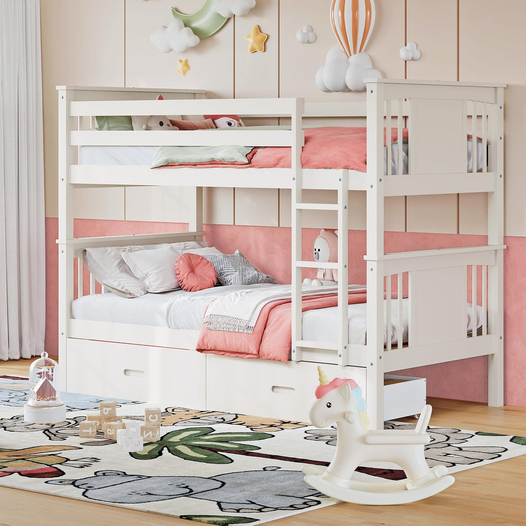 Solid Wood Twin-Over-Twin Bunk Bed with 2 Storage Drawers U39331