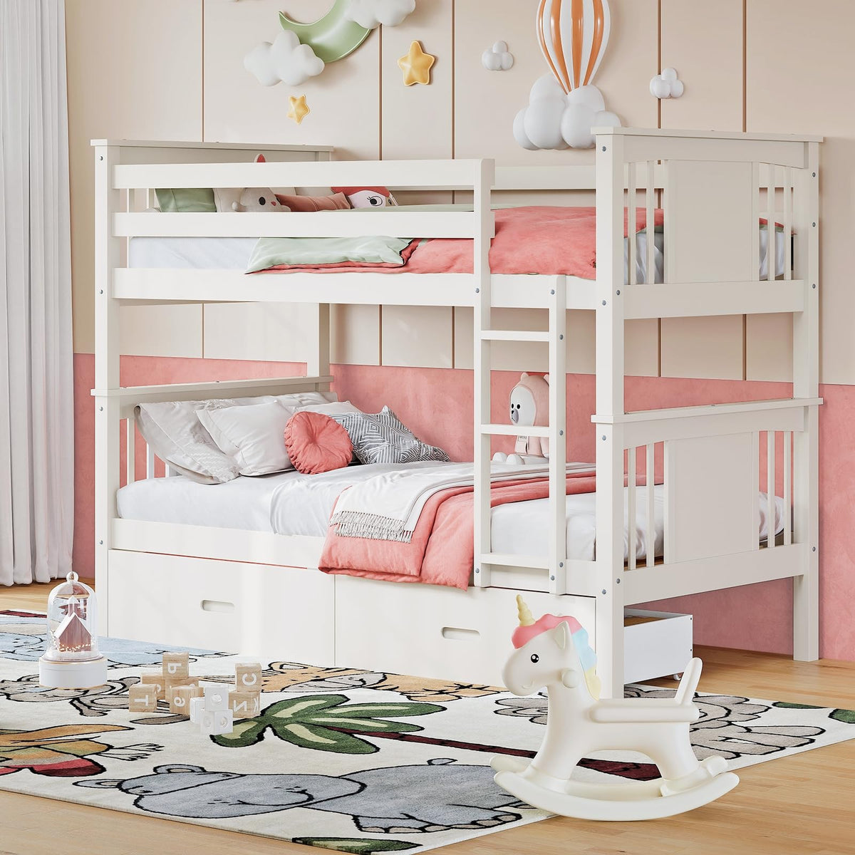 Solid Wood Twin-Over-Twin Bunk Bed with 2 Storage Drawers U39331