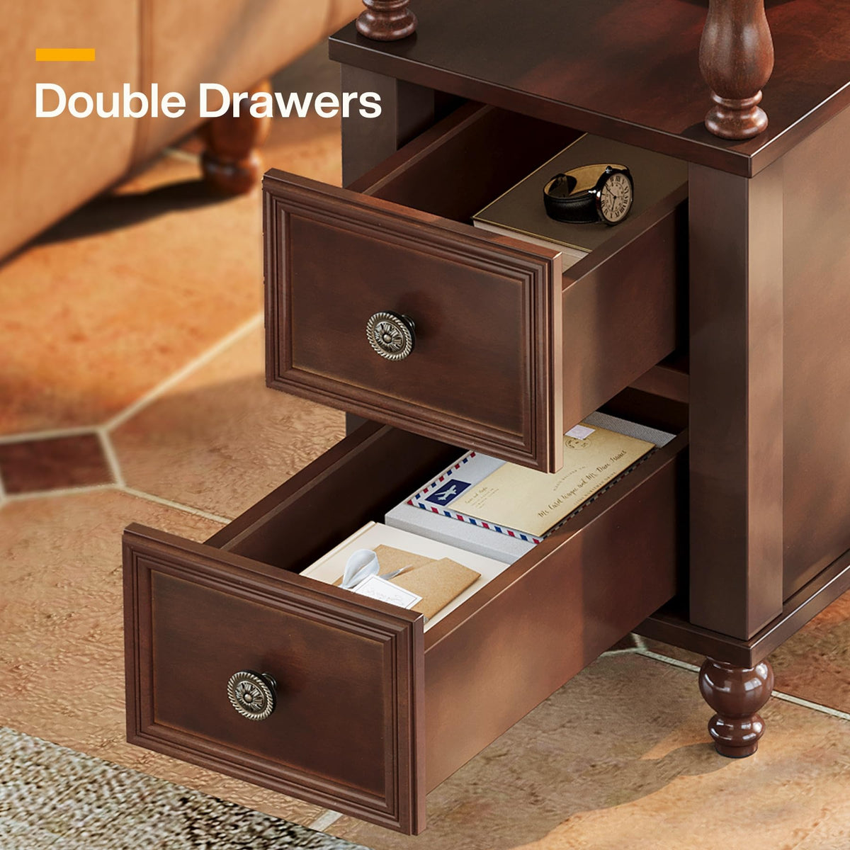 Cherry Finish Wood End Table with 2 Drawers I795