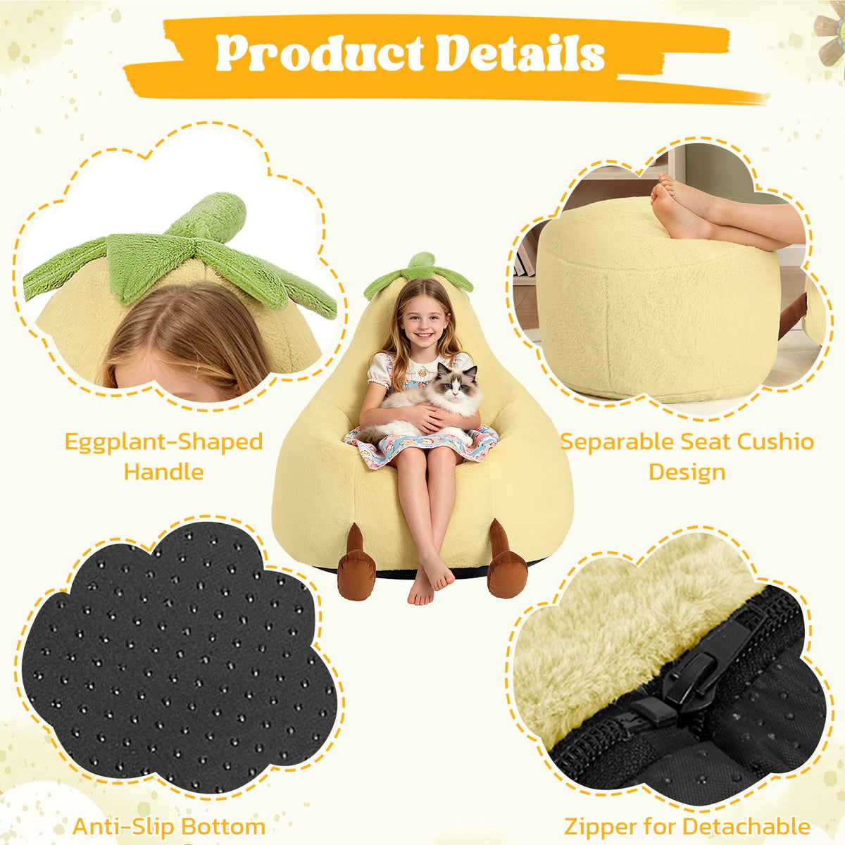Yellow Faux Rabbit Fur Memory Foam Bean Bag Chair T616