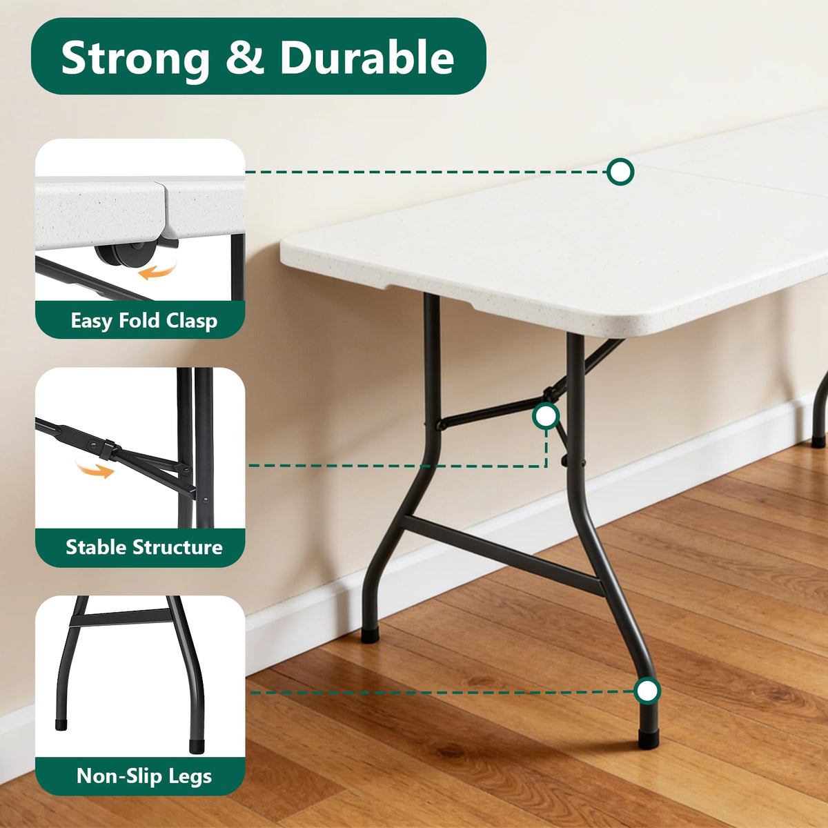 6FT Folding Table, Heavy Duty Plastic Utility Table with Handle, White, 2 Pack D16089