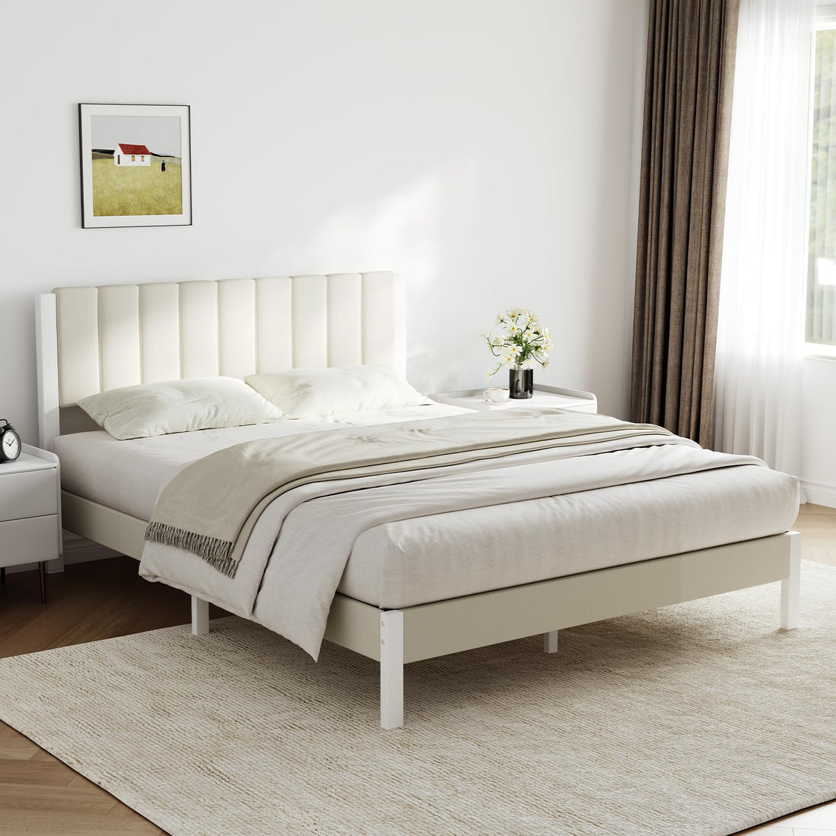 Full Size Metal Platform Bed Frame with Velvet White Headboard T3201