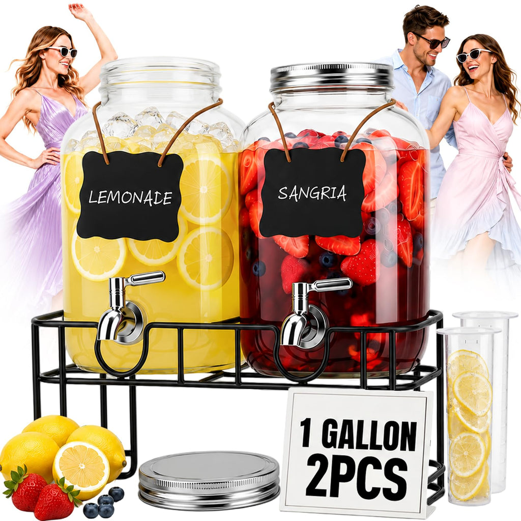 2 PCS 1 Gallon Glass Drink Dispensers with Stand & Fruit Infuser O319672