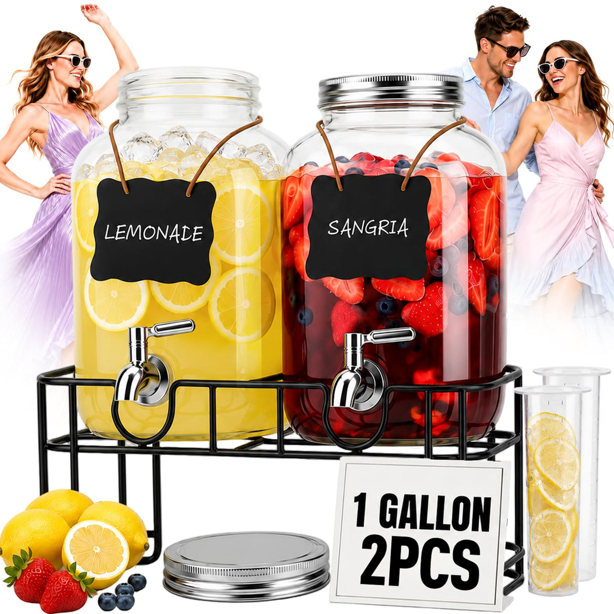 2 PCS 1 Gallon Glass Drink Dispensers with Stand & Fruit Infuser O319672