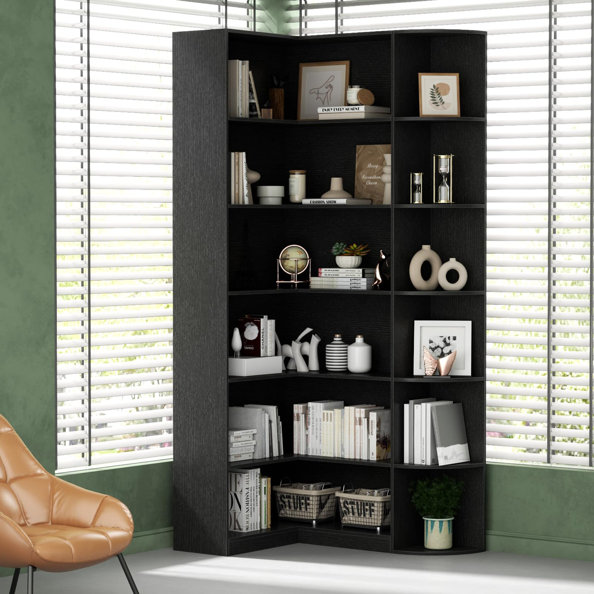 Black 6 Tiers L-Shaped Book Shelf P965