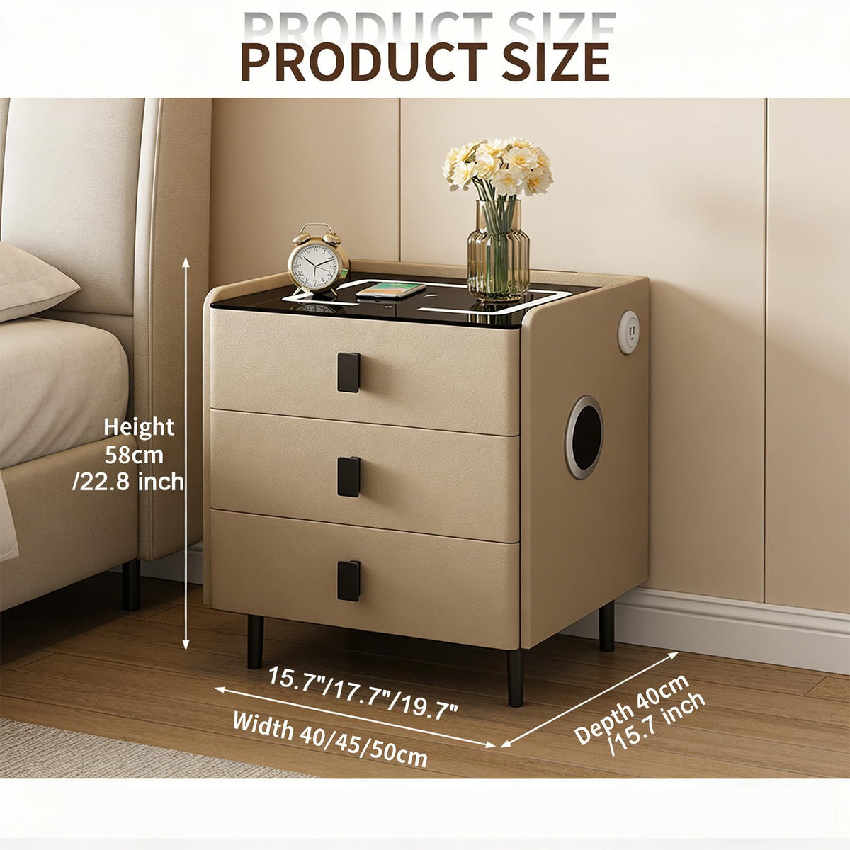 Smart Nightstand with Bluetooth Speaker, 3 Drawer LED Nightstand with USB Port I37484