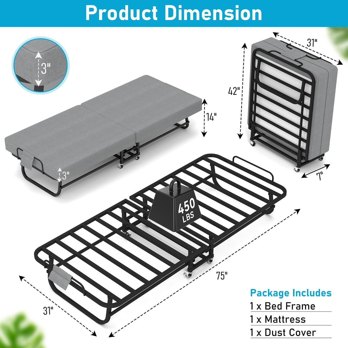 Folding Bed Portable Roll Away Bed 75" x 31" H7766