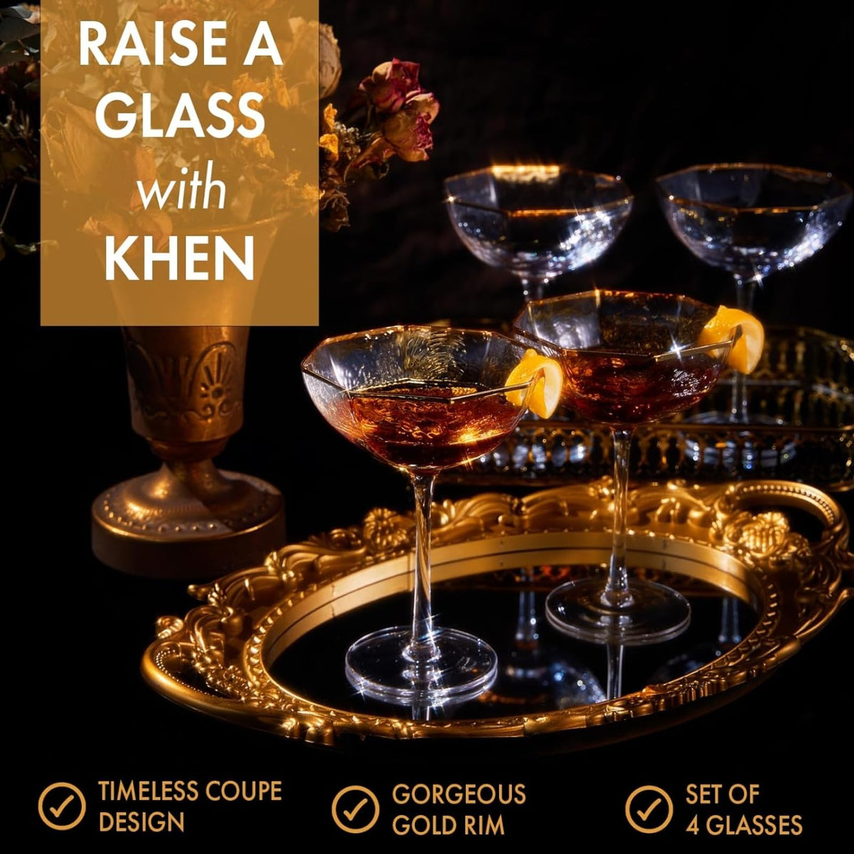 Champagne Coupe Glasses Set of 4 Gold Rim V17337