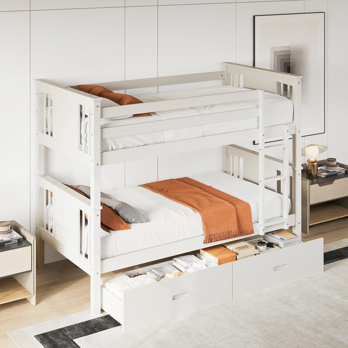 Solid Wood Twin-Over-Twin Bunk Bed with 2 Storage Drawers U39331