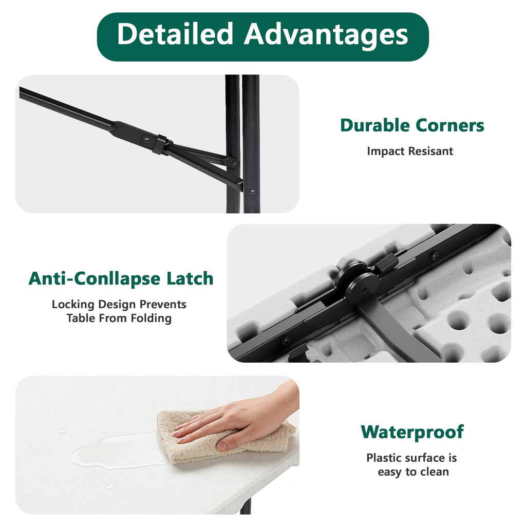 6FT Folding Table, Heavy Duty Plastic Utility Table with Handle, White, 2 Pack D16089