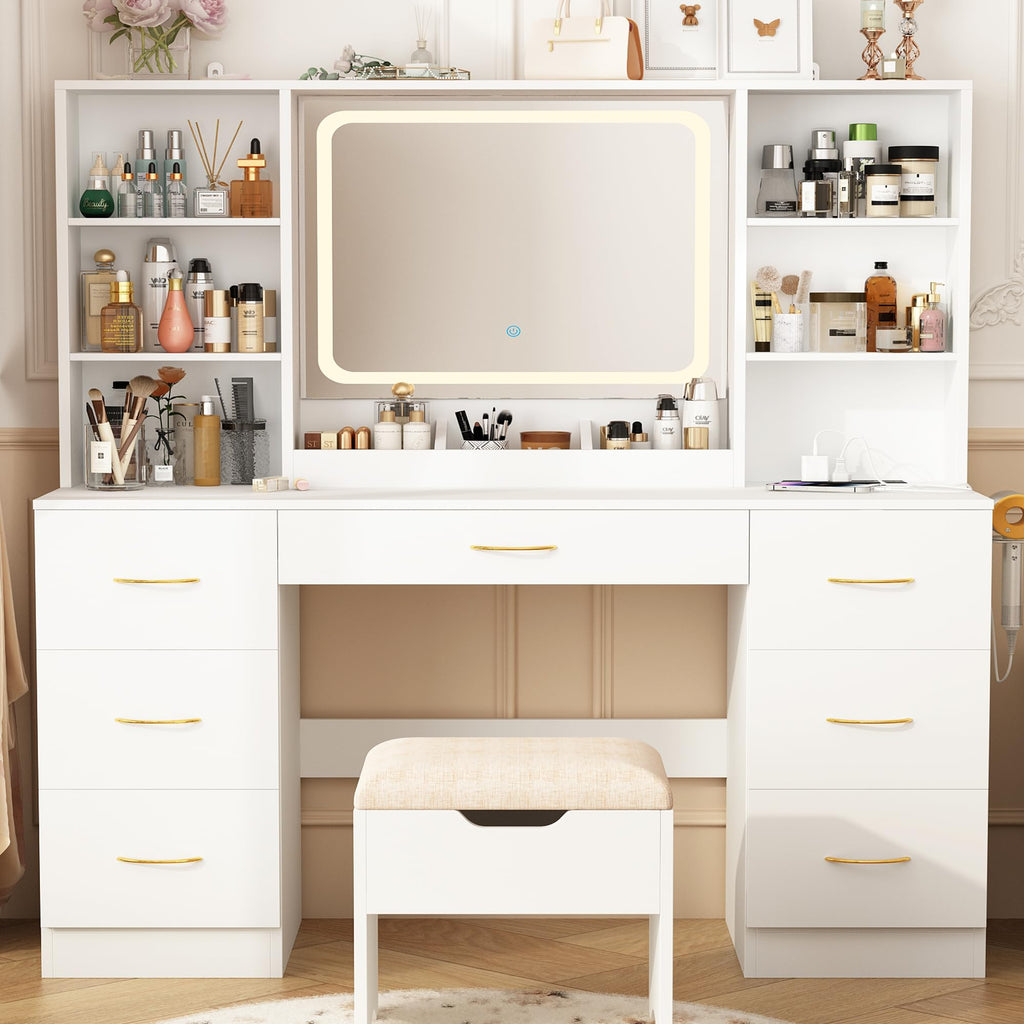 47" White Vanity Desk with Mirror and Lights Q5886